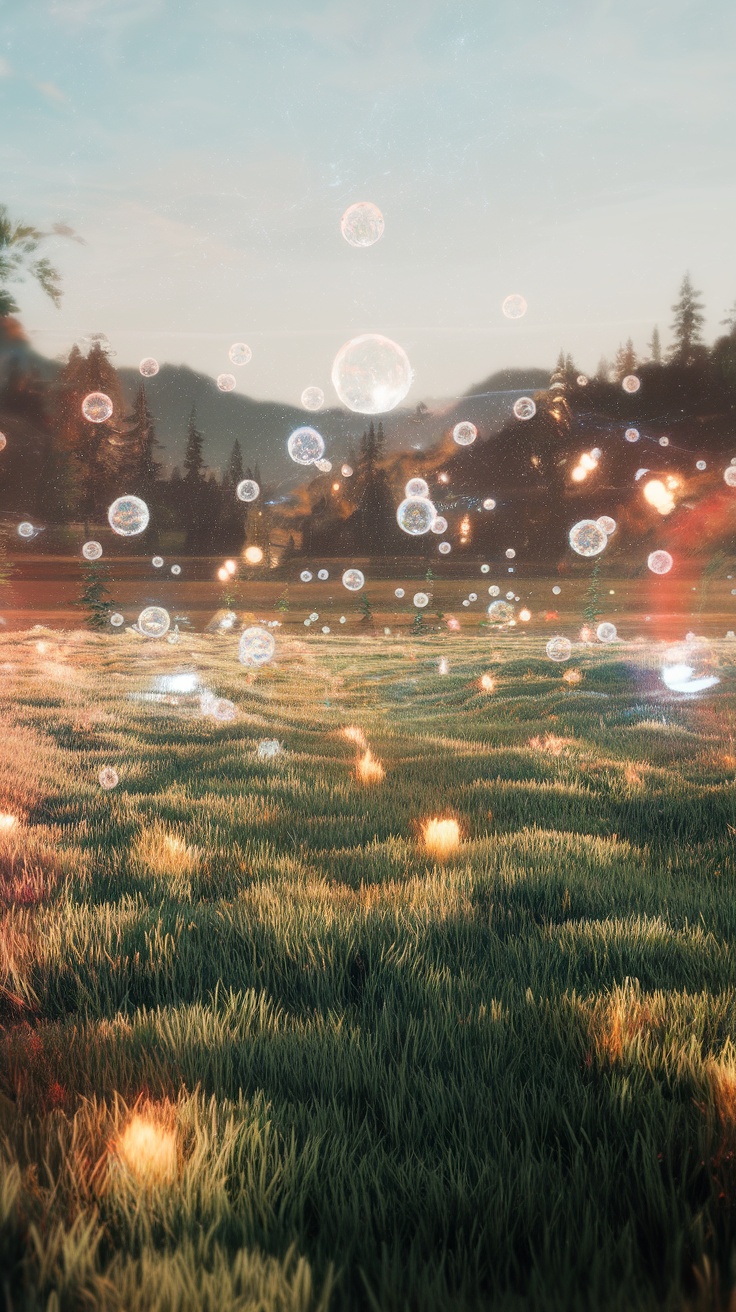 Ethereal landscape with floating orbs and grassy fields.