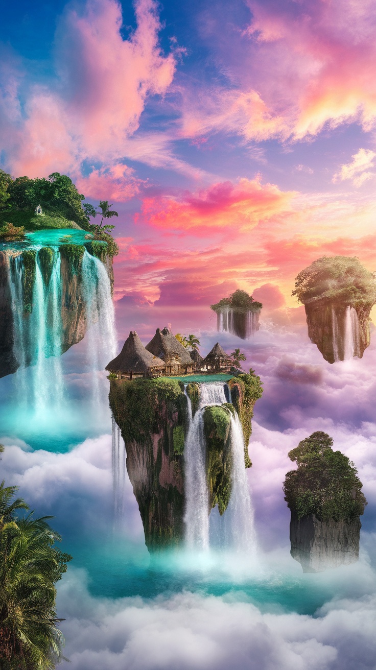 A vibrant depiction of floating islands with waterfalls and lush greenery, set against a colorful sky.