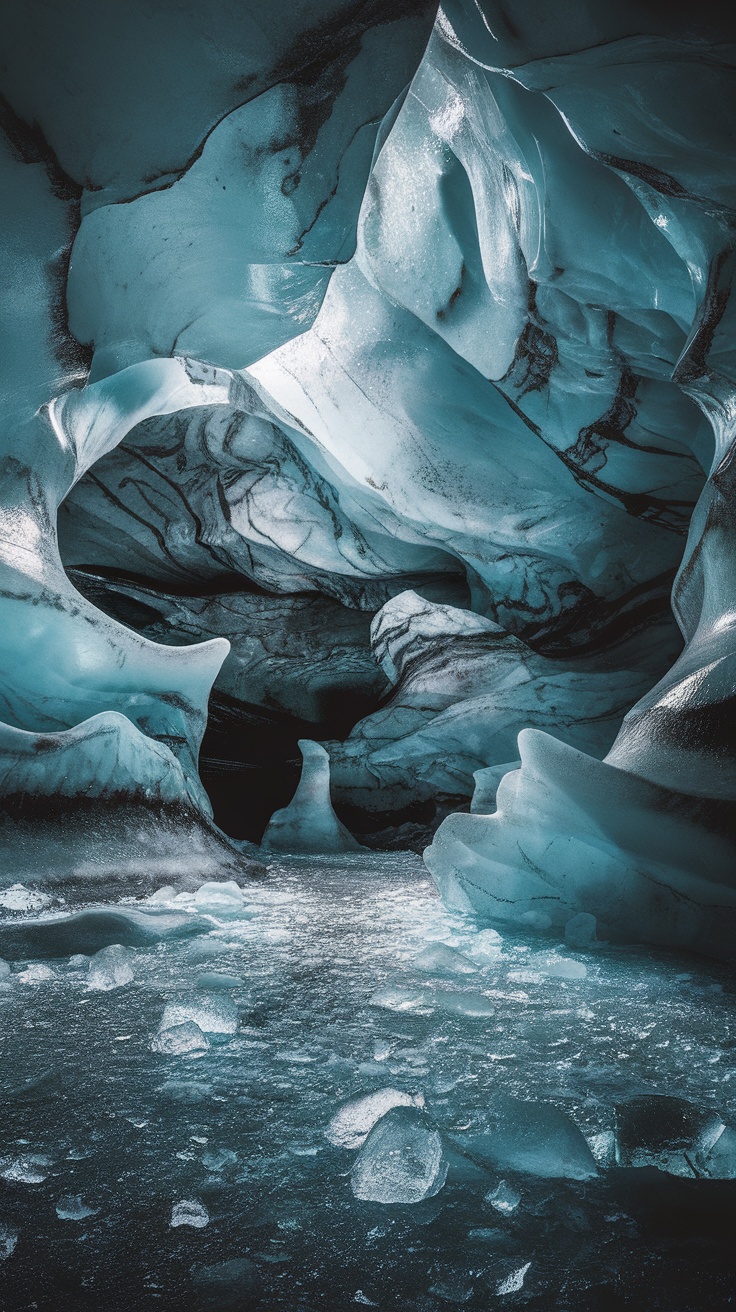 A view of glowing blue ice caves with unique formations in Glacius Prime.