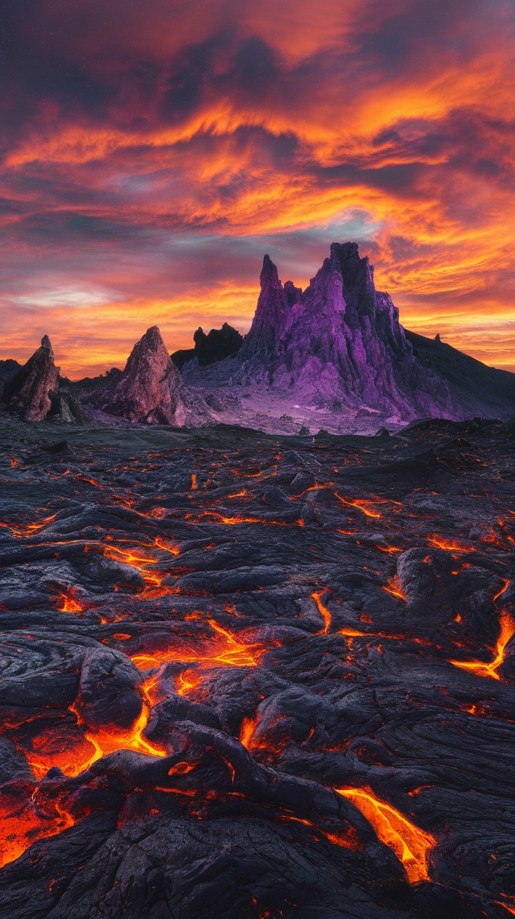Breathtaking Alien Landscapes - A dramatic landscape of lava fields with glowing orange rivers and dark terrain under a colorful sky.