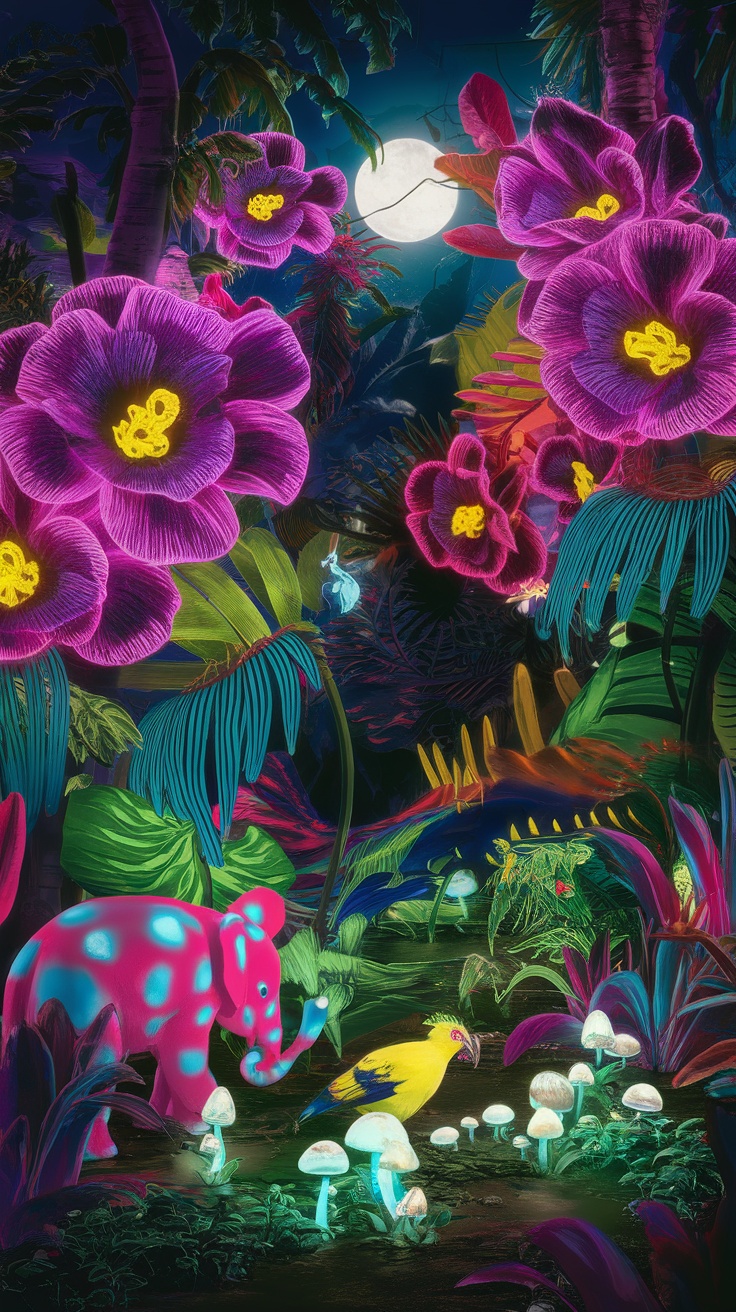 Breathtaking Alien Landscapes. A colorful alien jungle scene with neon flowers, a pink elephant, and a yellow bird under a moonlit sky.