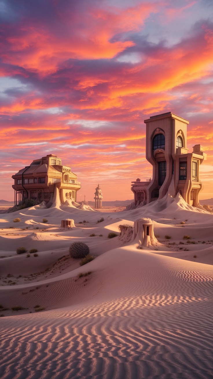 An alien landscape with unique structures in sandy terrain under a colorful sky.