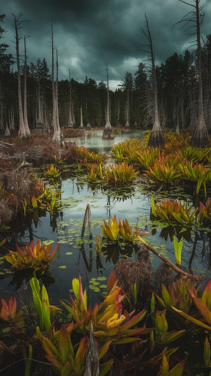 A dark and moody swamp with tall, bare trees and colorful aquatic plants in the foreground.