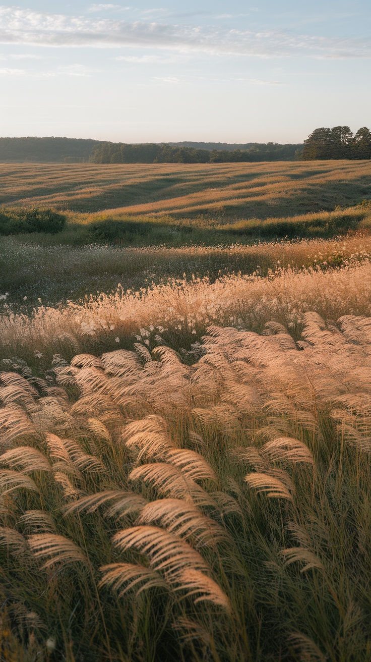 A scenic view of Eldoria's plains with tall grasses swaying gently in the wind.