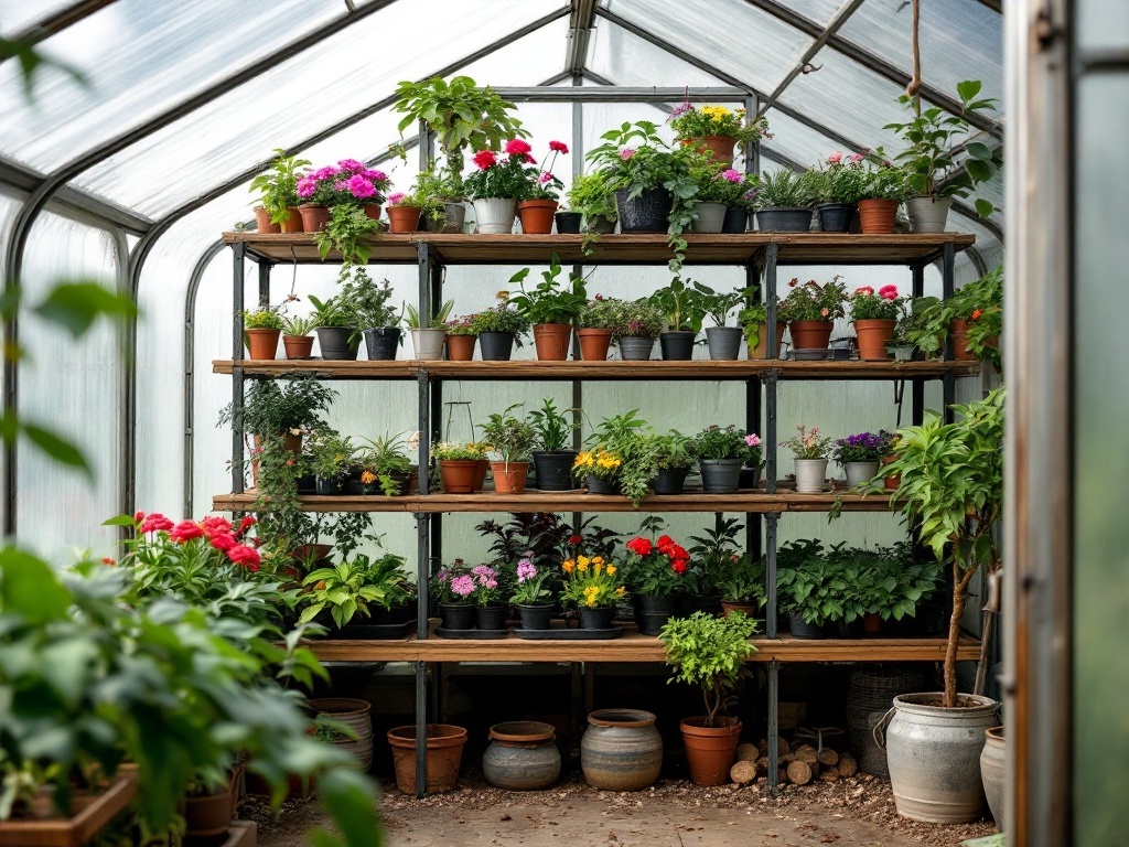 A tiered greenhouse shelving unit filled with potted plants, showcasing a variety of colors and types.