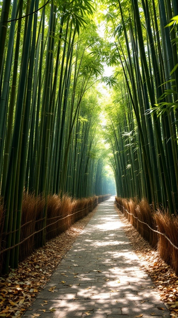 A peaceful path through a lush bamboo forest in Kyoto.