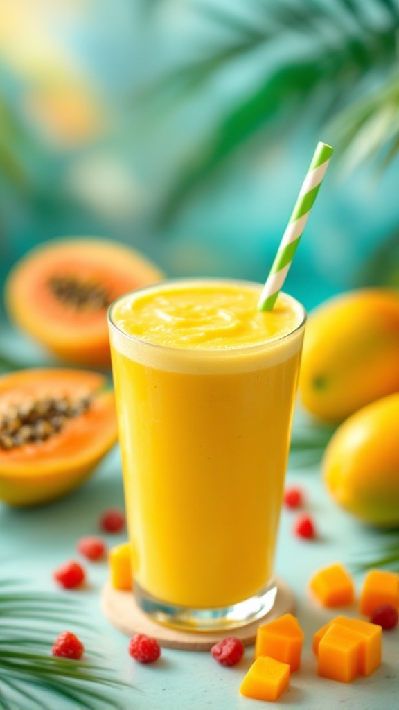 Delicious Smoothie Recipes for Radiant Skin. A refreshing tropical mango and papaya smoothie in a glass with a green and white striped straw.
