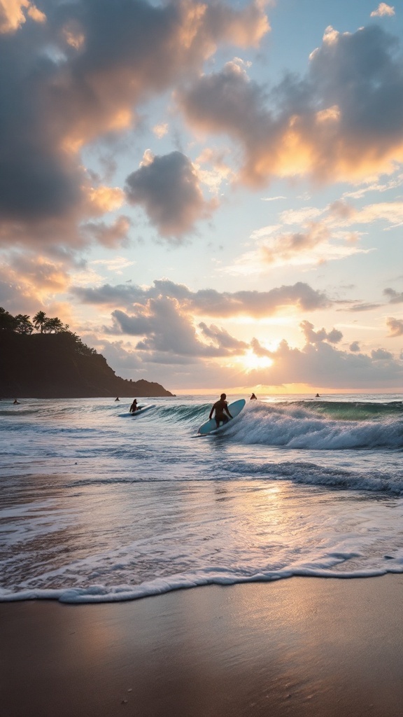 Surfers enjoying the waves at sunset on Siargao Island, Philippines.