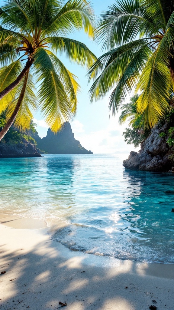 A serene view of Matira Beach in Bora Bora, showcasing tall palm trees, sandy shore, and clear blue waters.