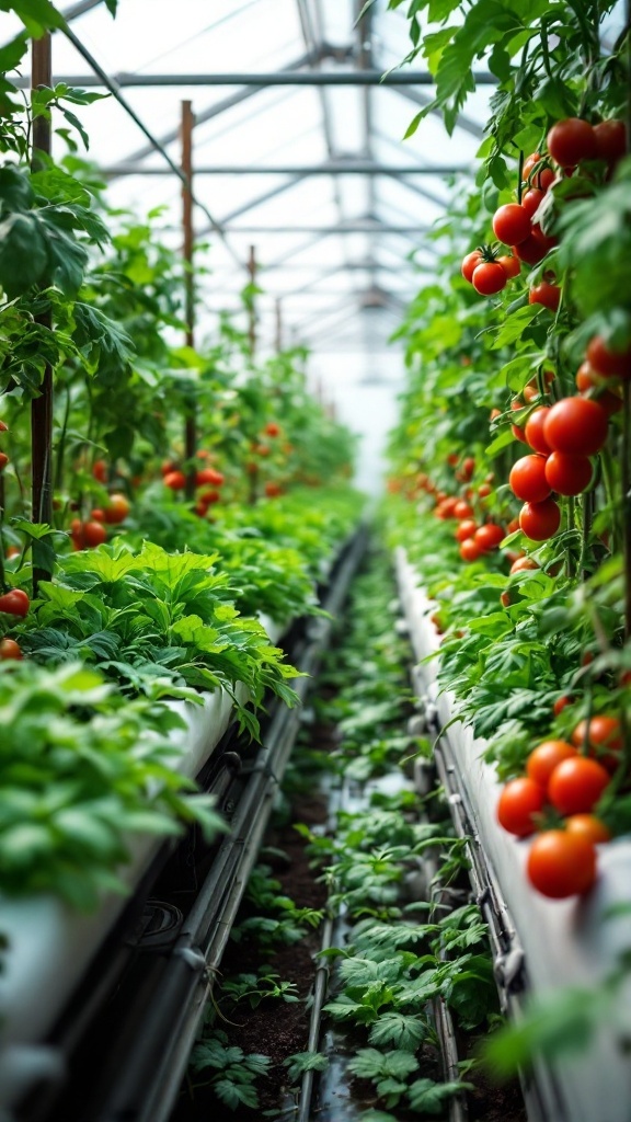 A greenhouse filled with lush tomato plants ready for harvest