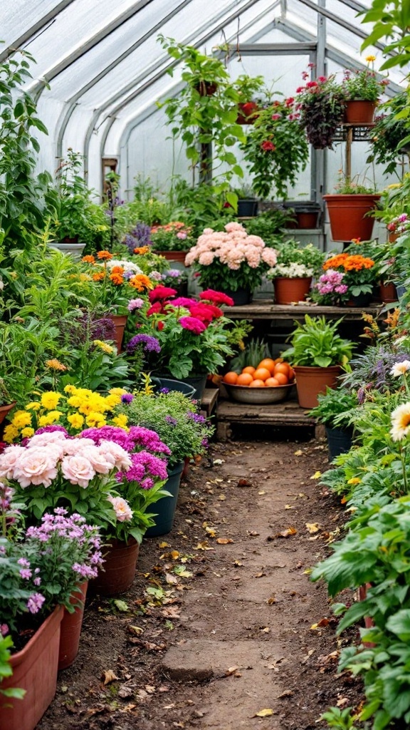 A vibrant greenhouse filled with colorful flowers in containers and a few vegetables.
