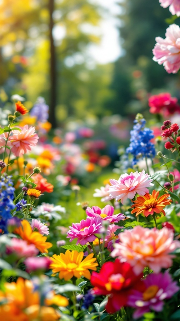 A colorful garden full of blooming flowers in various shades.