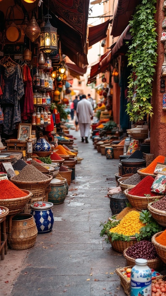 A bustling market in Marrakech filled with colorful spices and local goods.