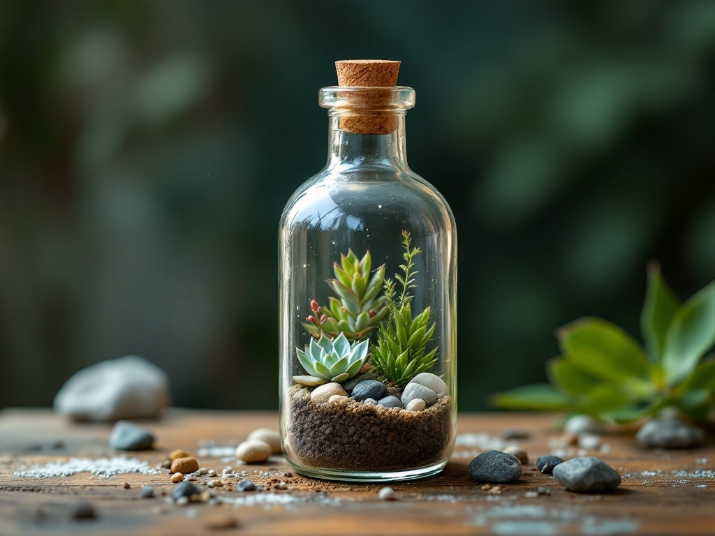 A vintage glass bottle terrarium with succulents and pebbles inside.