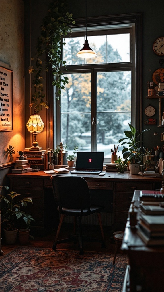 A vintage retro workspace with plants, books, and warm lighting.