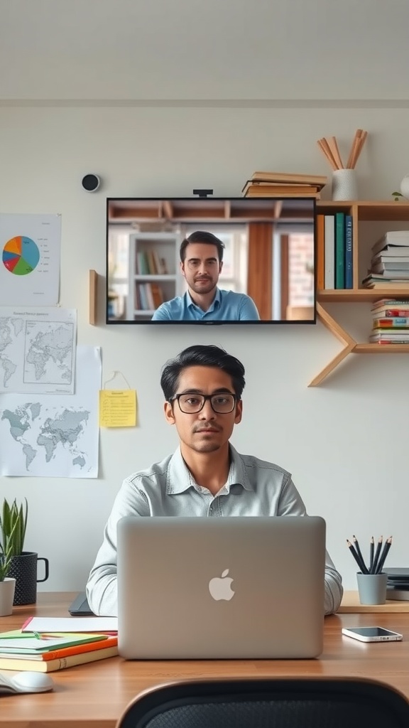 A person engaged in virtual tutoring, working on a laptop with a video call displayed on a screen.