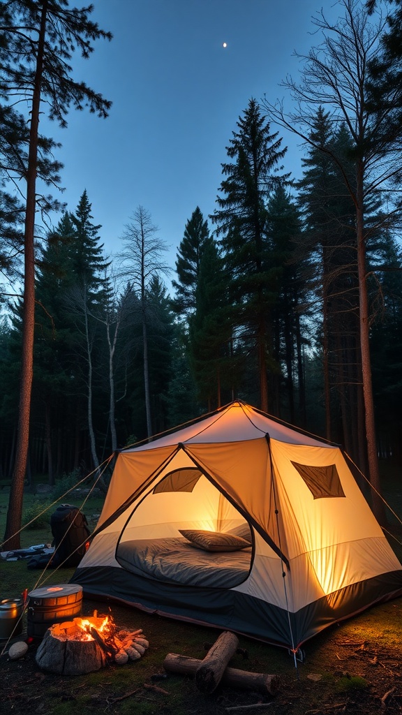 A spacious weather-resistant camping tent illuminated inside, surrounded by trees and a campfire.