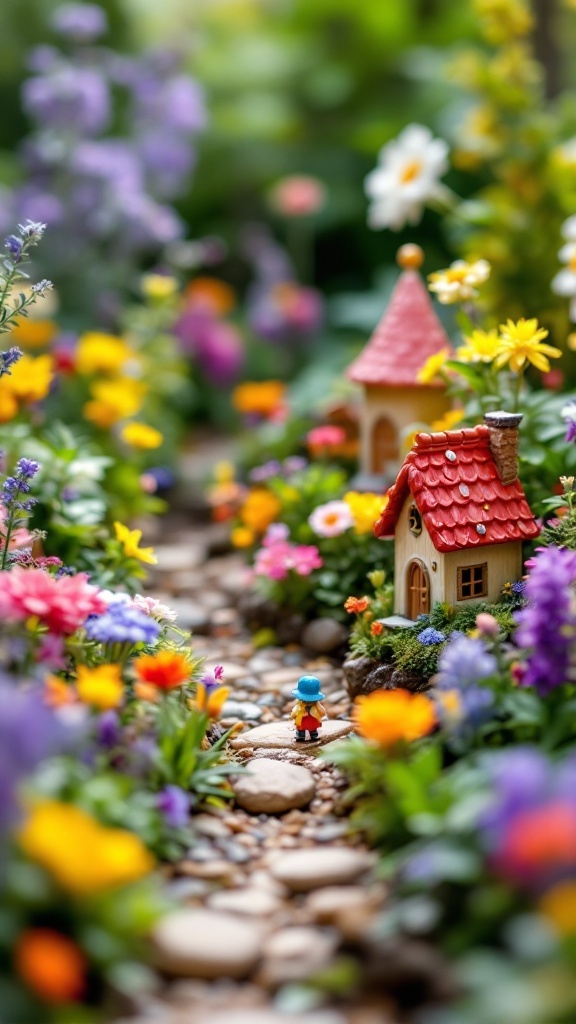 A charming fairy garden with colorful flowers, stone path, and a small house