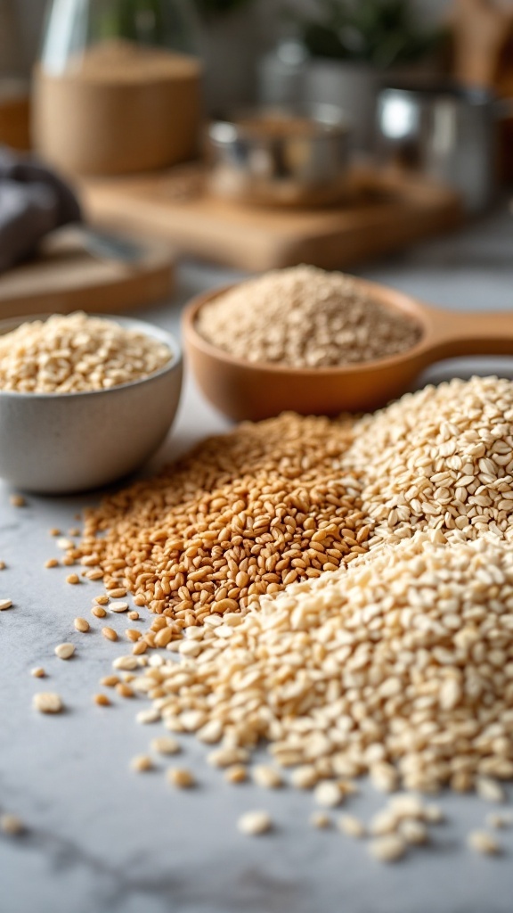 Variety of whole grains including sesame seeds in bowls