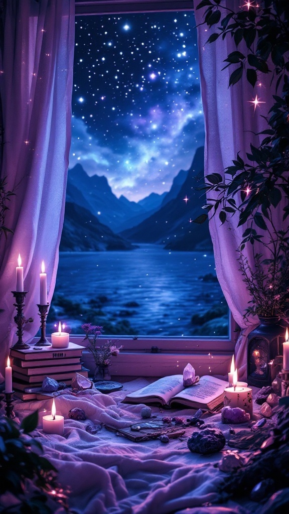 A cozy witchy aesthetic featuring candles, crystals, and a starry night view.