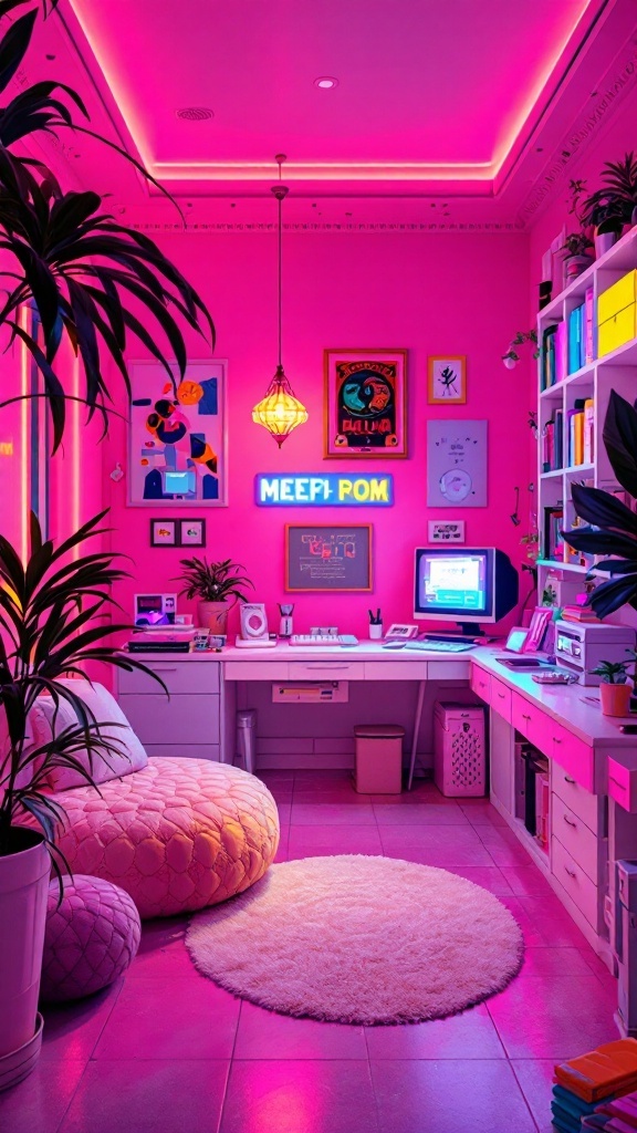 A bright pink room filled with plants, retro decor, and a nostalgic computer setup, embodying Y2K aesthetics.