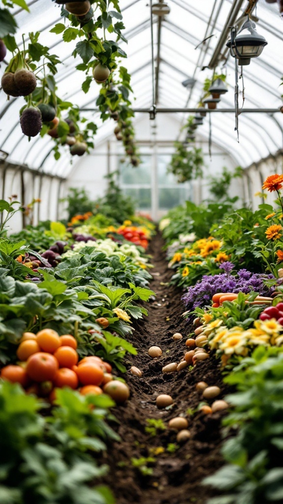A greenhouse filled with a variety of vegetables and flowers, showcasing a vibrant garden.