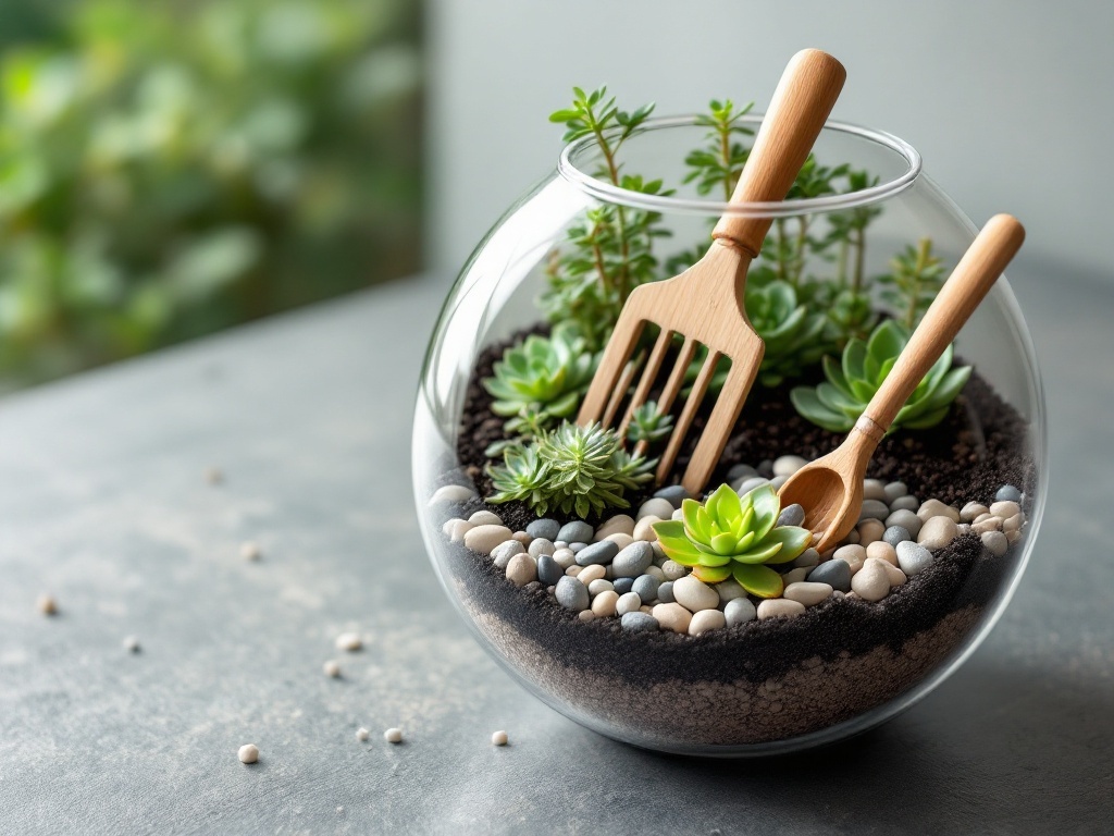 Maximum Terrarium Therapy. Zen garden terrarium with succulents, pebbles, and small gardening tools