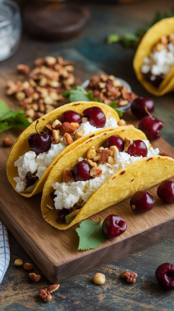 Cherry breakfast tacos are a fun twist on your morning routine. Fill soft taco shells with creamy cottage cheese, fresh cherries, and a sprinkle of nuts for crunch. They're sweet, satisfying, and perfect for a quick breakfast!