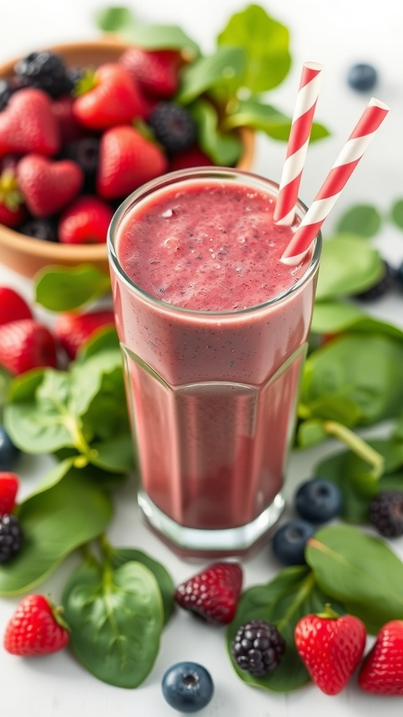 A refreshing berry spinach detox smoothie in a glass with two straws, surrounded by fresh berries and spinach.