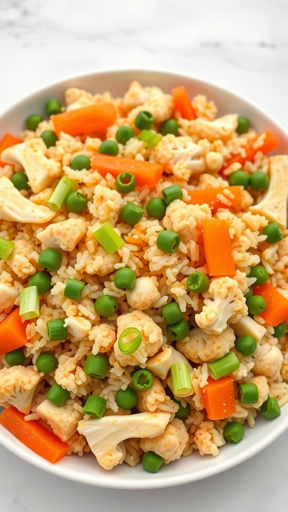A colorful bowl of cauliflower fried rice with chicken, featuring green peas, carrots, and chopped green onions.