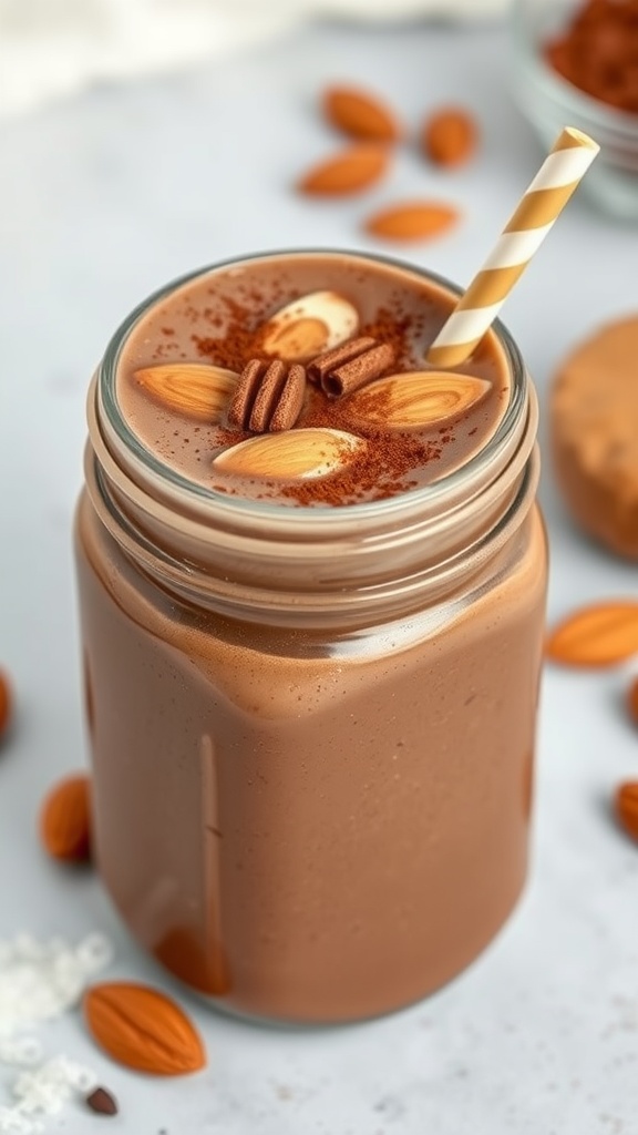 A creamy chocolate almond butter smoothie topped with almonds and cocoa powder.