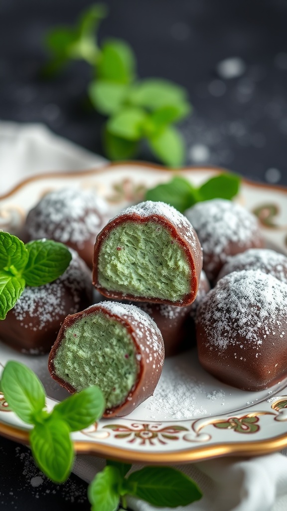 A plate of Chocolate Mint Keto Truffles with a mint garnish and powdered sweetener on top.