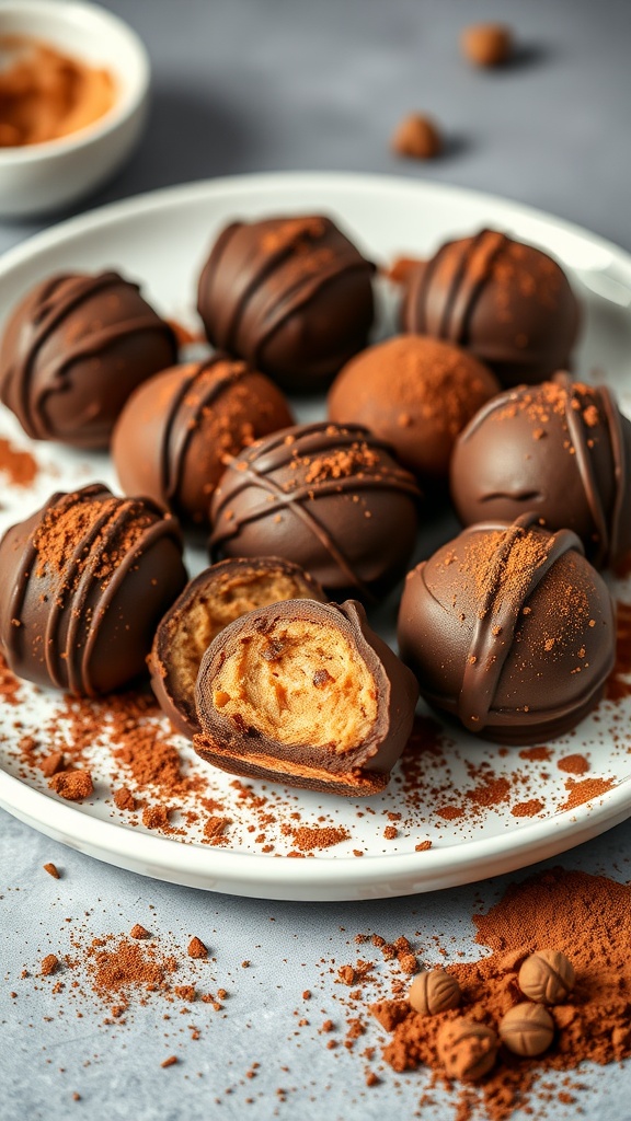 Chocolate Peanut Butter Keto Bombs on a plate, some cut in half showing the filling, with cocoa powder sprinkled around.