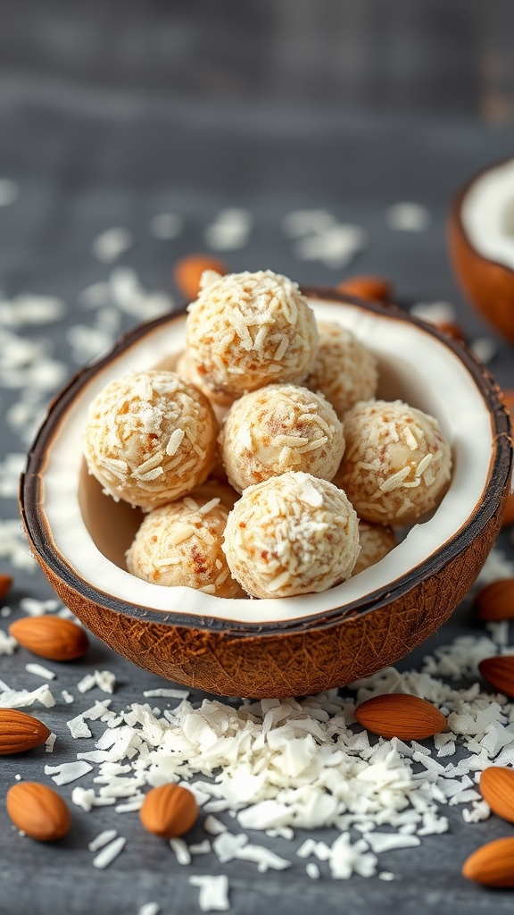 A bowl of Coconut Almond Joy Keto Bites surrounded by shredded coconut and almonds.
