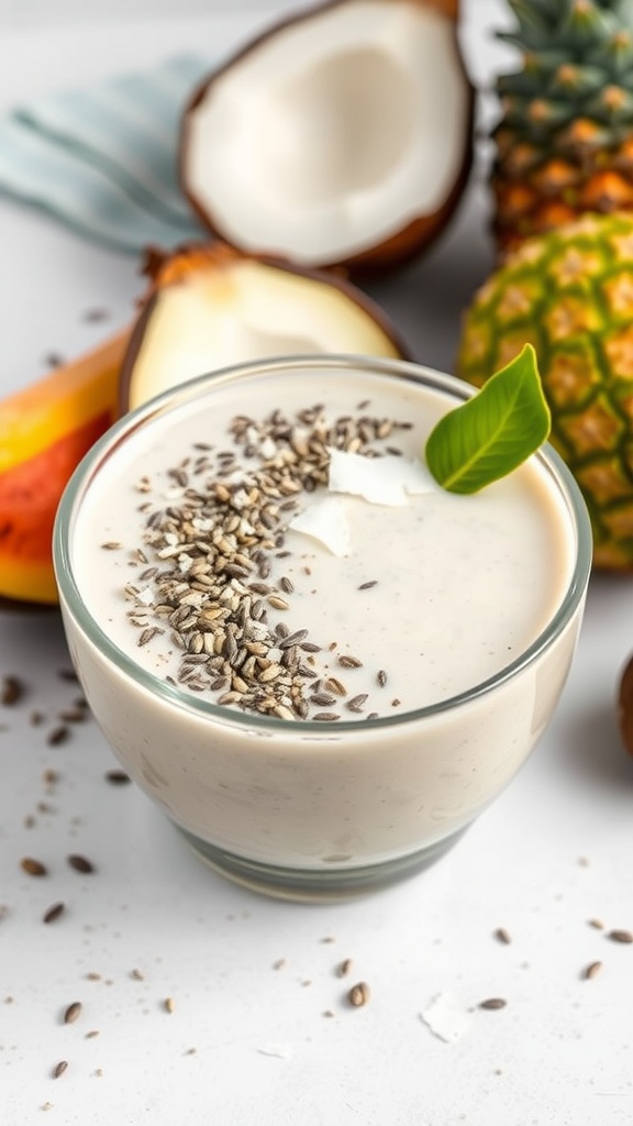 A delicious coconut chia seed smoothie topped with seeds and coconut flakes