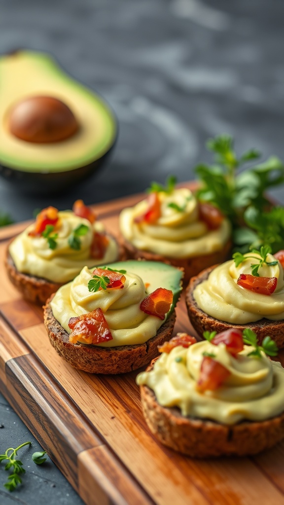 Creamy avocado and bacon snacks on a wooden board with an avocado in the background.