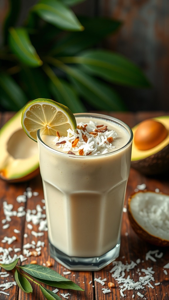 A creamy avocado coconut smoothie in a glass, garnished with lime and coconut flakes.