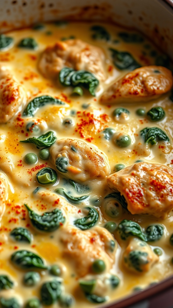 A creamy spinach and chicken casserole with a rich sauce, topped with cheese and paprika.