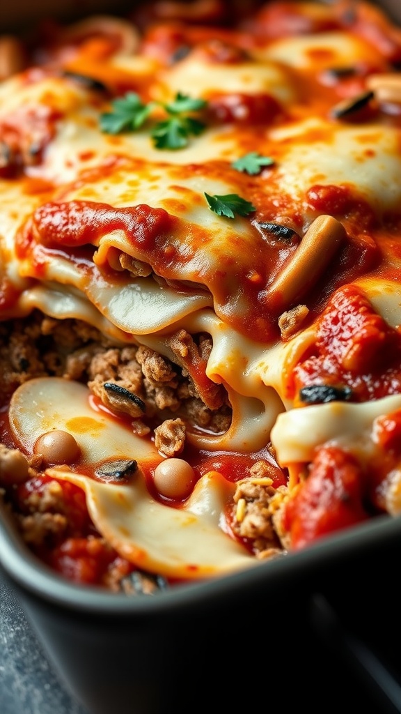 A close up of a delicious eggplant lasagna with layers of ground turkey and cheese.