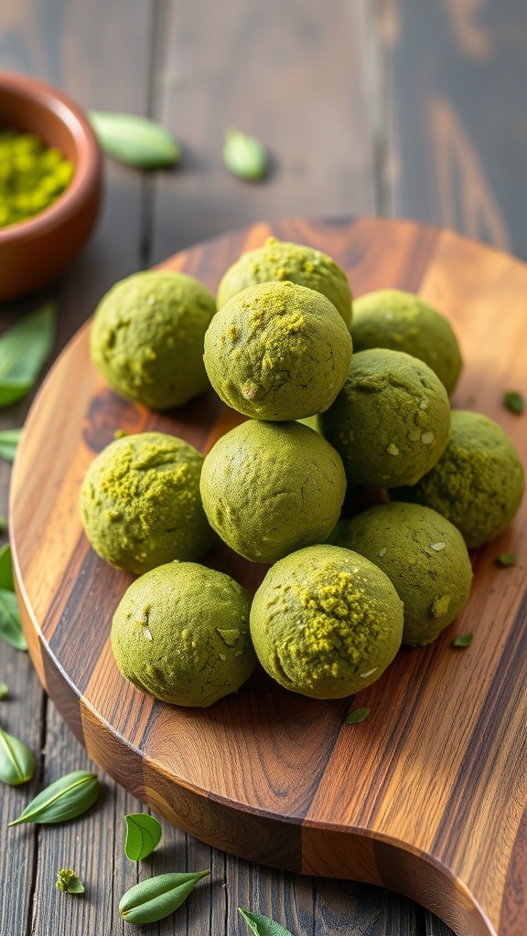 A close-up view of green matcha energy balls arranged on a wooden cutting board.