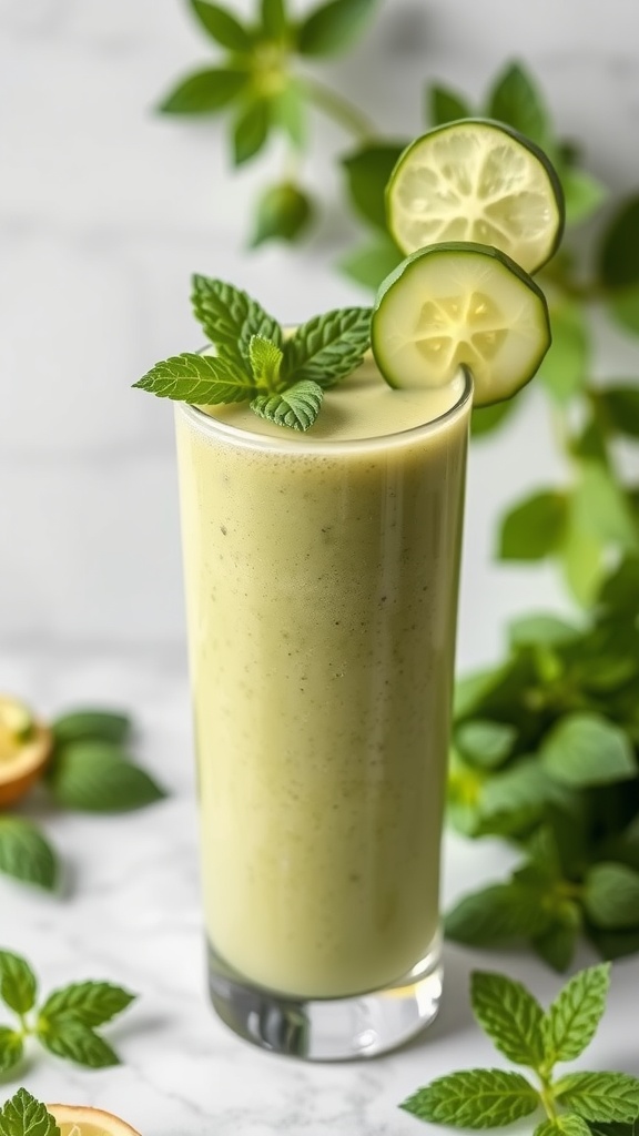 Minty Green Protein Smoothie in a glass with mint and cucumber slices