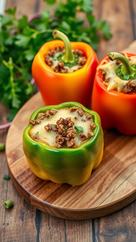 Colorful stuffed bell peppers filled with ground beef and cheese on a wooden board