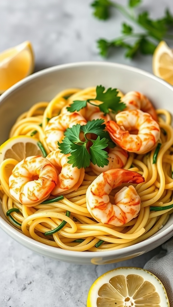 A bowl of zucchini noodles topped with garlic butter shrimp, garnished with lemon slices and herbs.