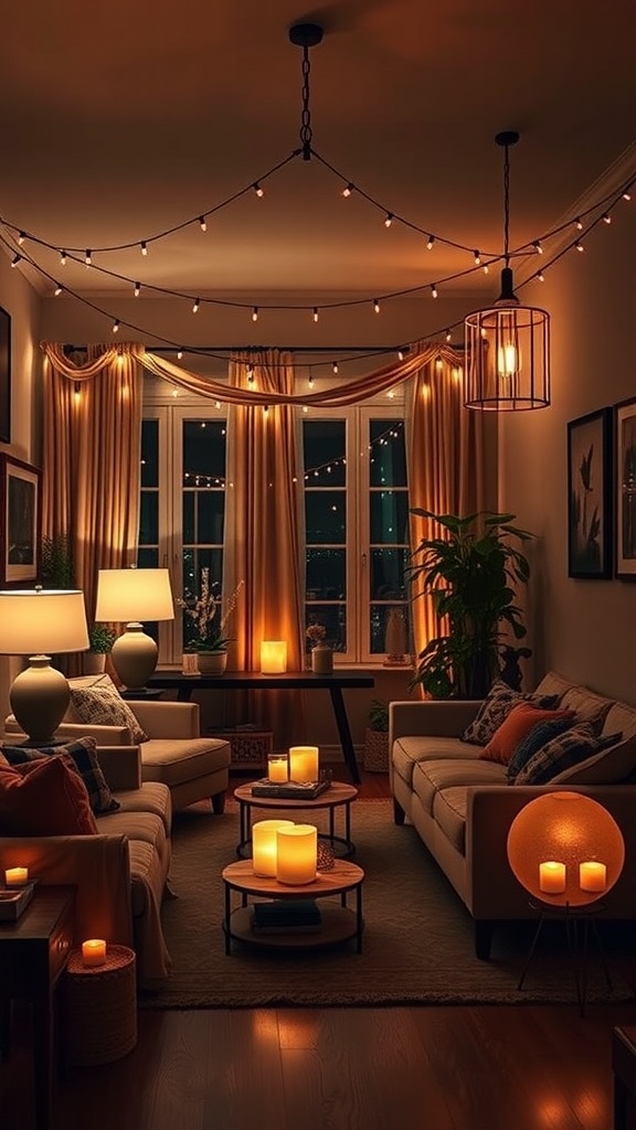 A warm and cozy living room featuring soft lighting, string lights, and candles.