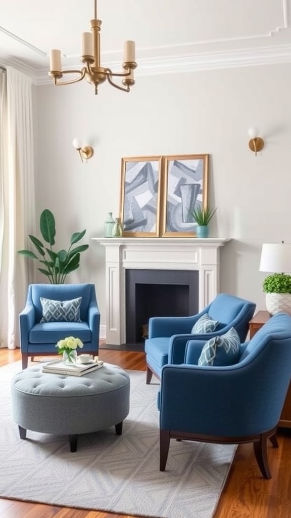 A cozy living room with blue accent furniture including armchairs and an ottoman.