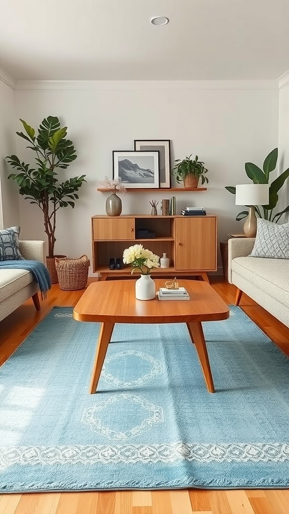 Cozy living room featuring a blue area rug with wooden furniture and plants