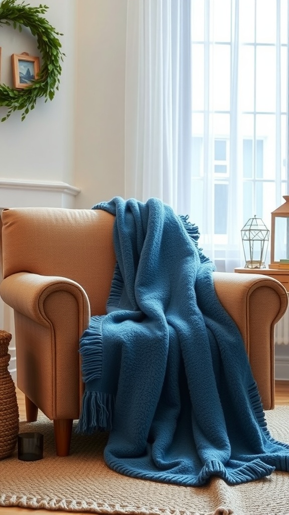 Cozy living room with a blue throw blanket draped over an armchair