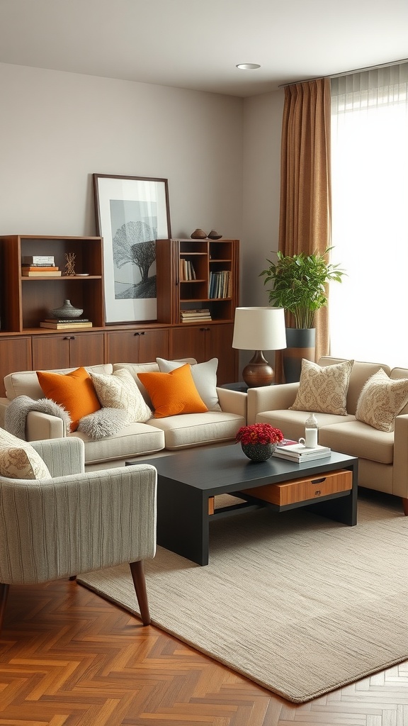 Cozy living room with soft seating and warm decor