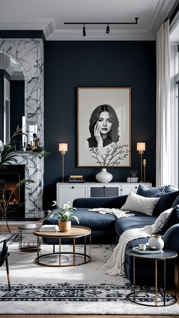 Cozy living room with dark blue walls and light furniture