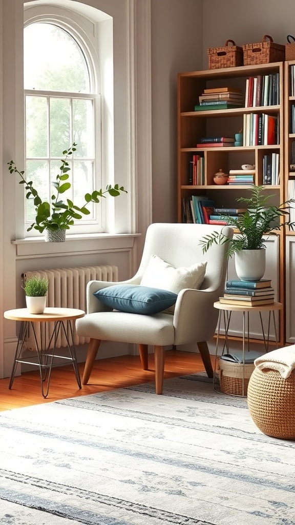 A cozy reading nook featuring a comfortable chair, plants, and a bookshelf.